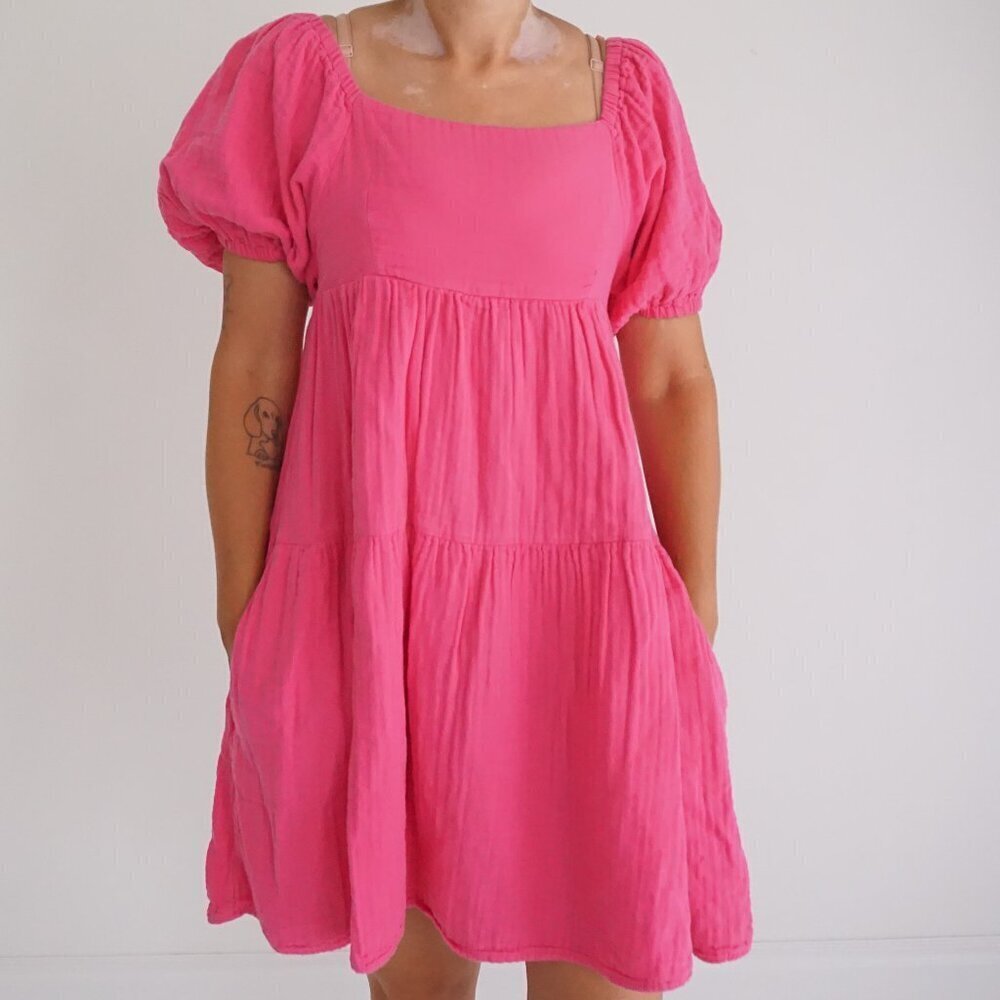 Louna Hot Pink Square Neck Tiered Short Sleeve Cotton Gauze Mini Barbie Dress XS